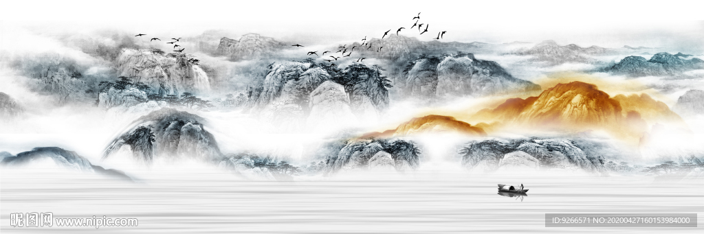 新中式横式山水抽象床头装饰画