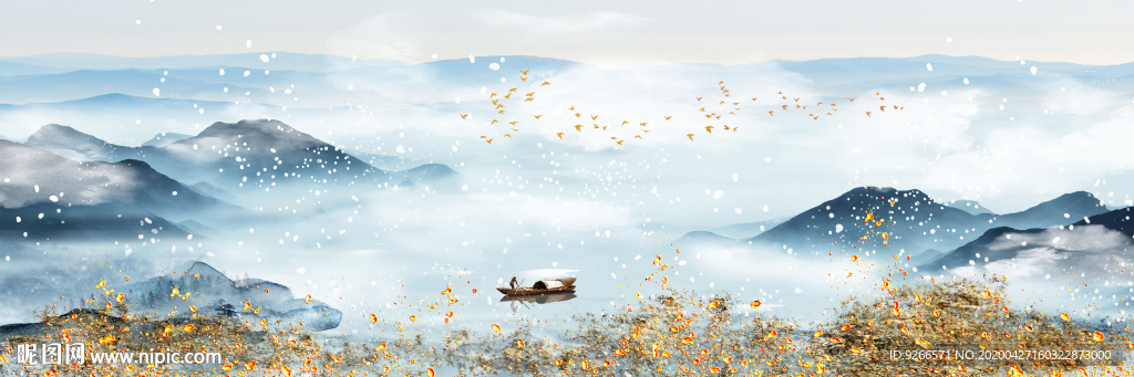 新中式横式山水抽象床头装饰画