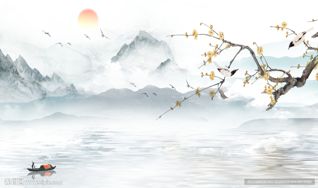 新中式抽象山水梅花背景墙