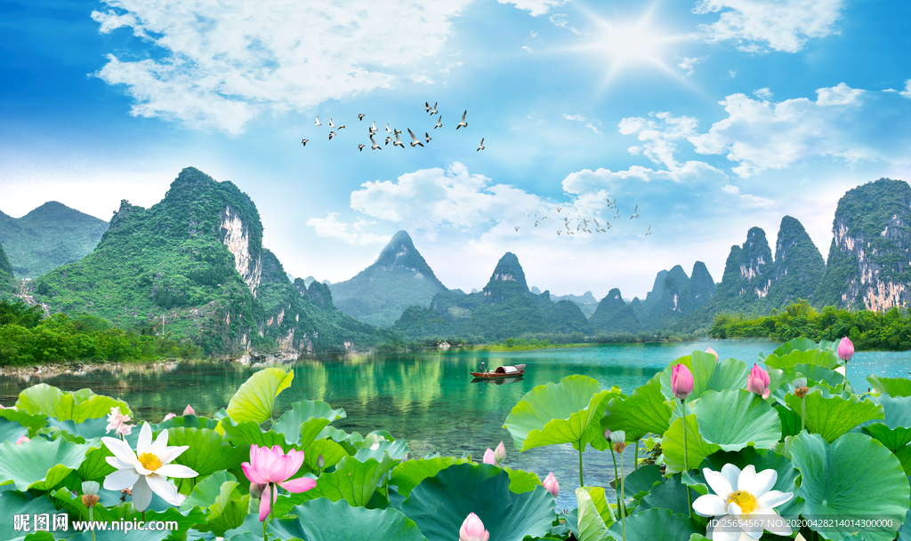 山清水秀风景画山水情背景墙