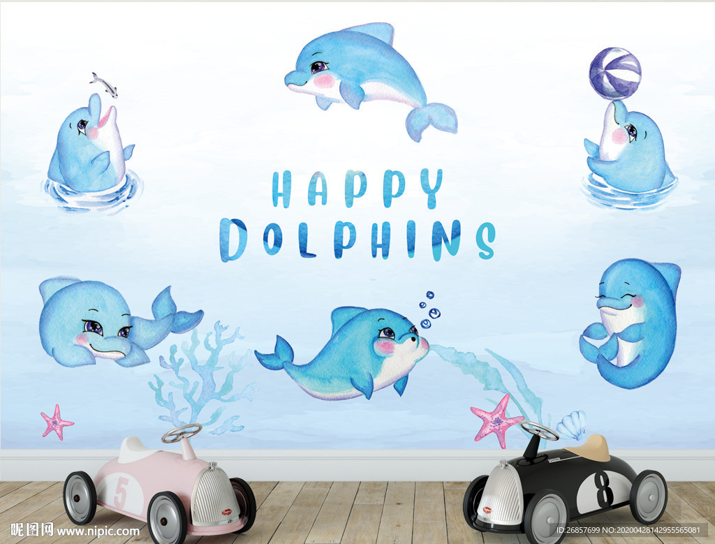 可爱海豚水彩画 海豚儿童背景墙
