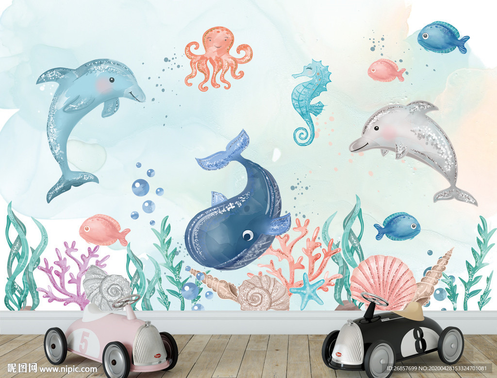 海底世界水彩画 海底儿童背景墙