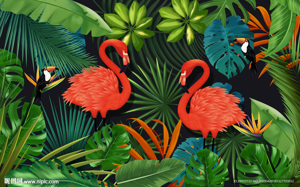 热带雨林植物火烈鸟背景墙