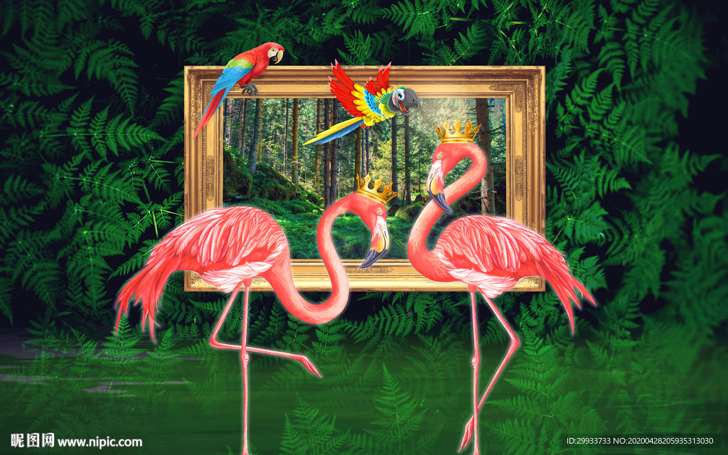 3d热带丛林动物火烈鸟背景墙