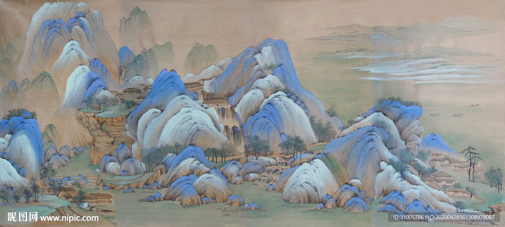 手绘中式千里江山图背景墙