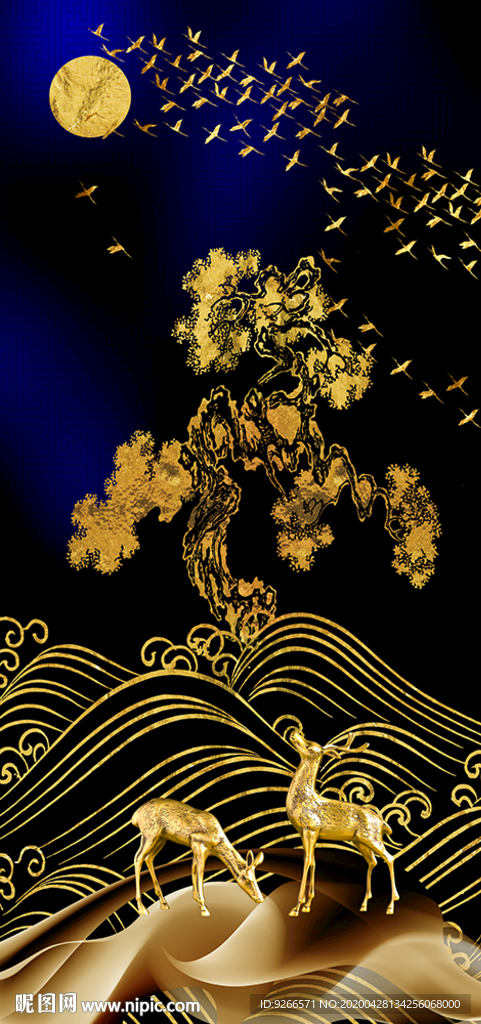 中式麋鹿山水金色玄关晶瓷装饰画
