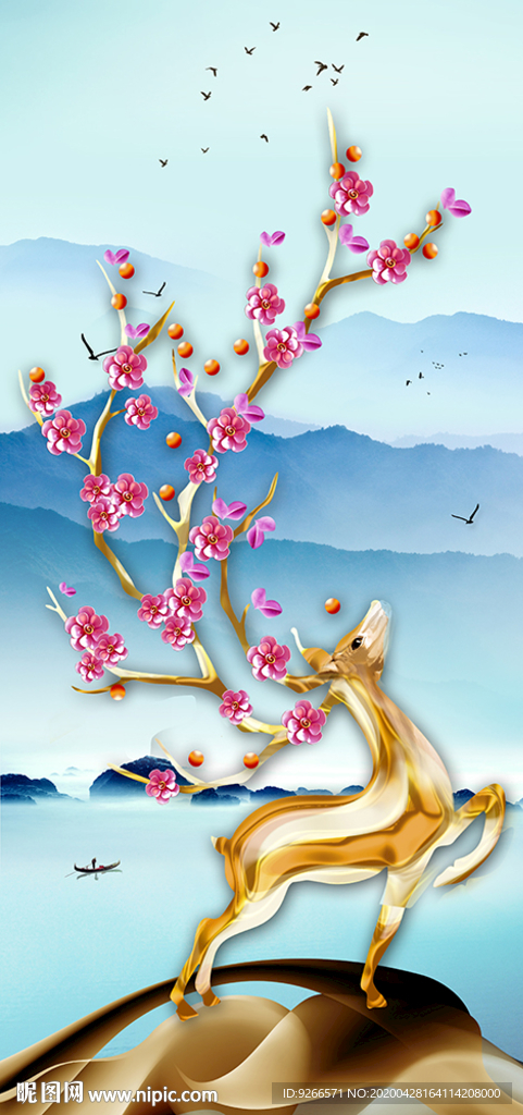 中式石来运转麋鹿山水晶瓷装饰画