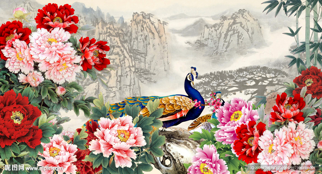 国画牡丹孔雀