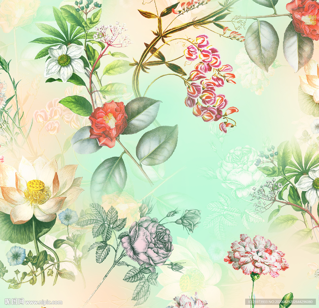 水彩花 无缝花