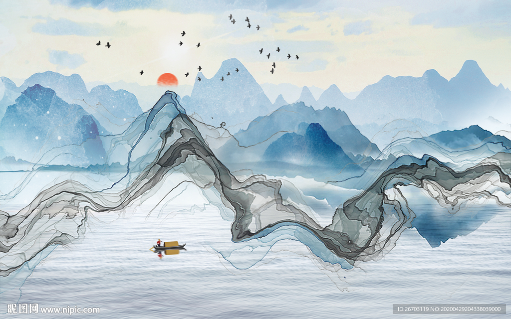 新款新中式抽象山水画电视背墙