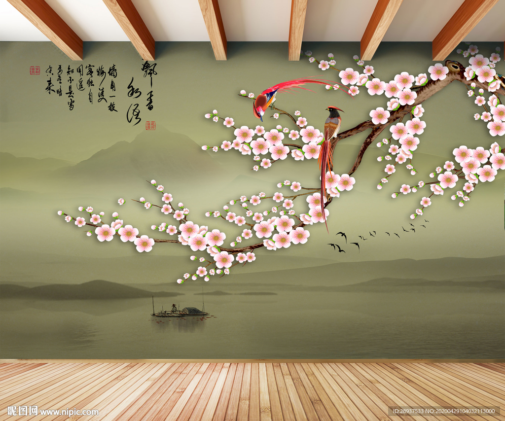 原创手绘梅花喜鹊装饰画背景墙