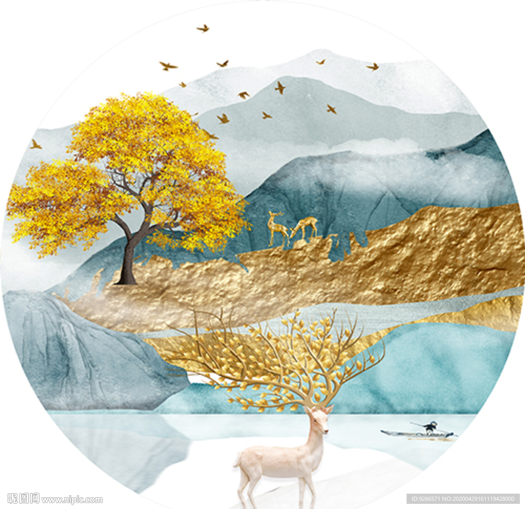 新中式麋鹿石来运转晶瓷画装饰画