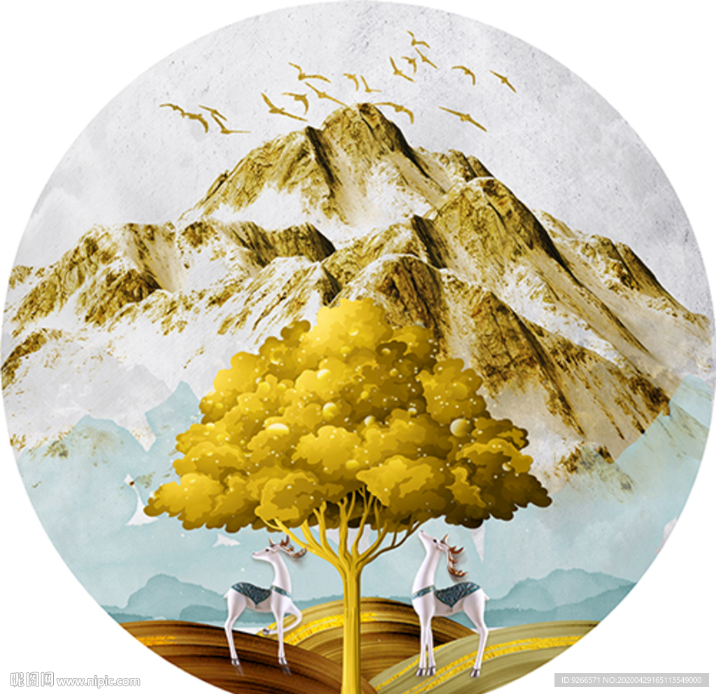 新中式麋鹿石来运转晶瓷画装饰画