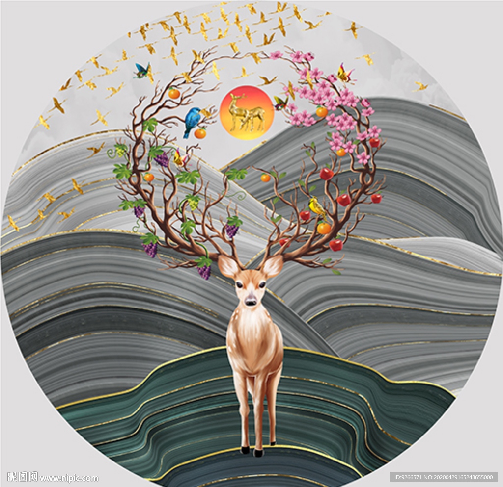 新中式麋鹿石来运转晶瓷画装饰画