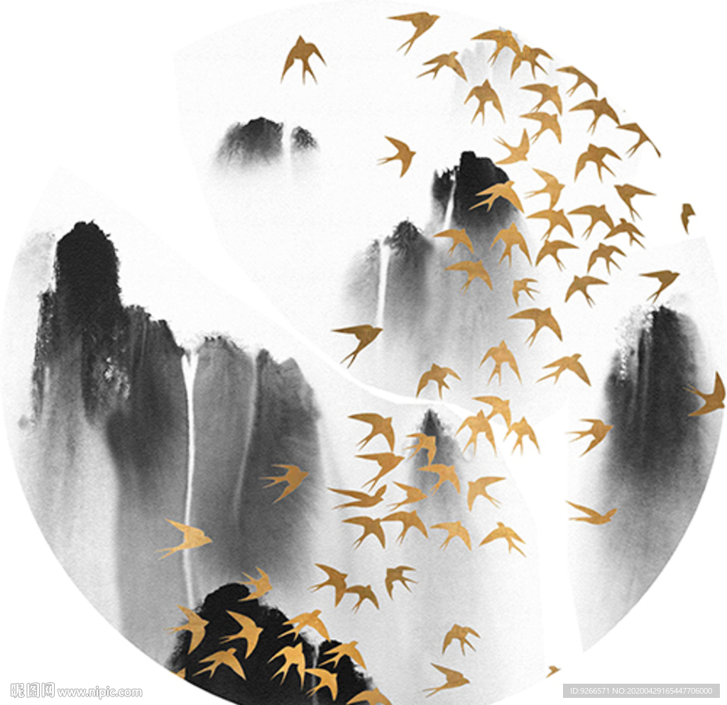 中式黑白山水晶瓷画装饰画