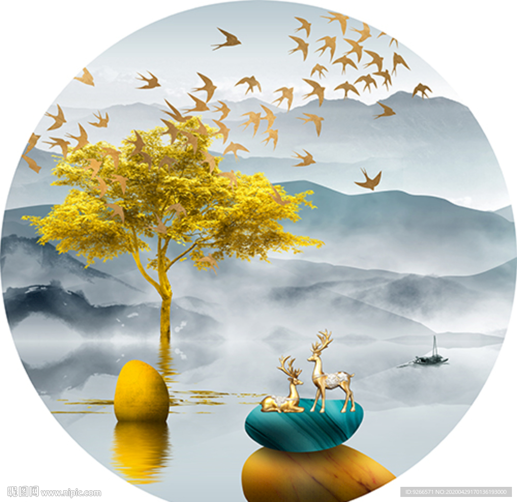新中式麋鹿石来运转晶瓷画装饰画