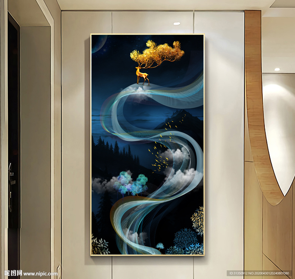 发财鹿玄关背景墙