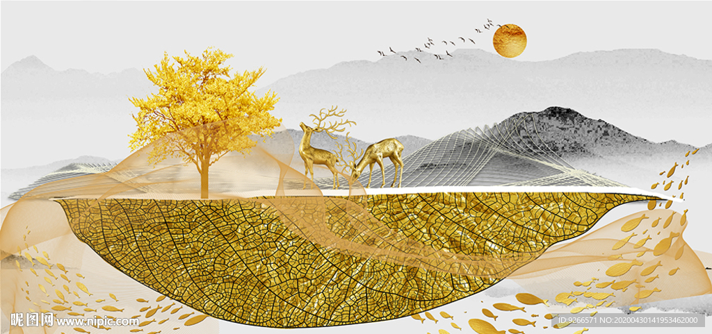 新中式麋鹿石来运转晶瓷画装饰画