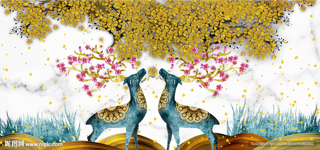 新中式麋鹿石来运转晶瓷画装饰画