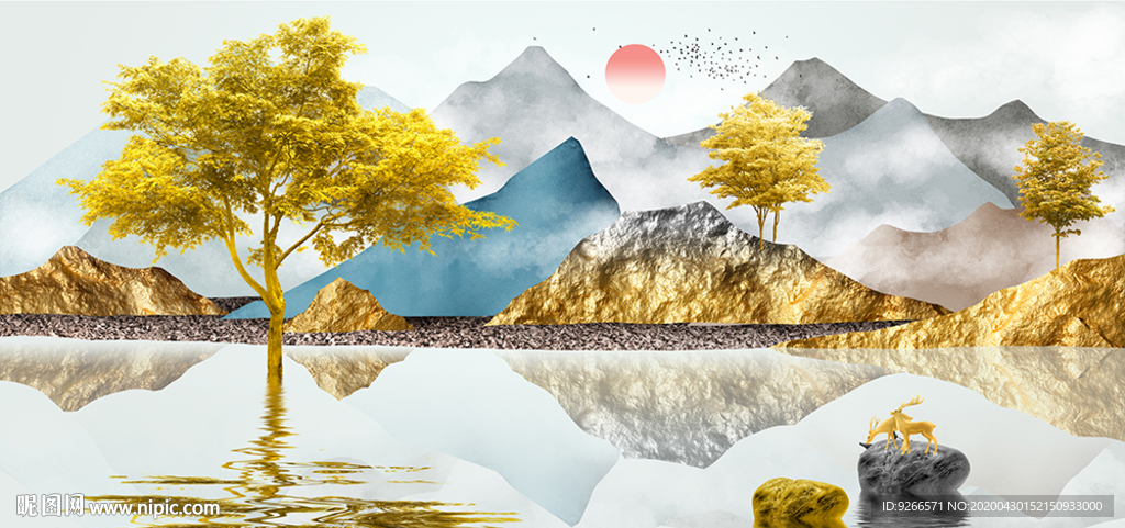 新中式麋鹿石来运转晶瓷画装饰画