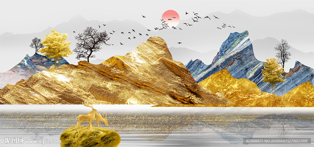 新中式麋鹿石来运转晶瓷画装饰画