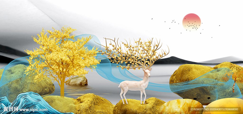 新中式麋鹿石来运转晶瓷画装饰画