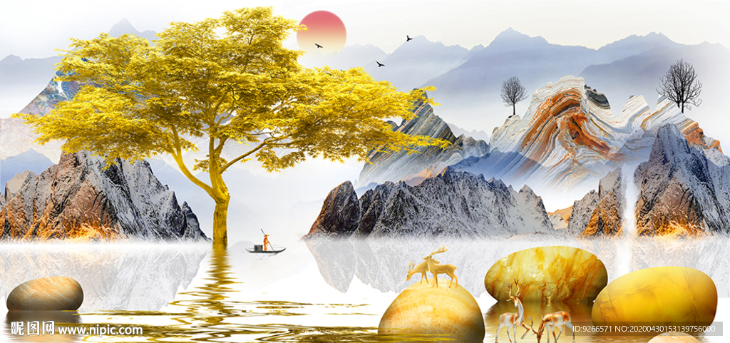 新中式麋鹿石来运转晶瓷画装饰画