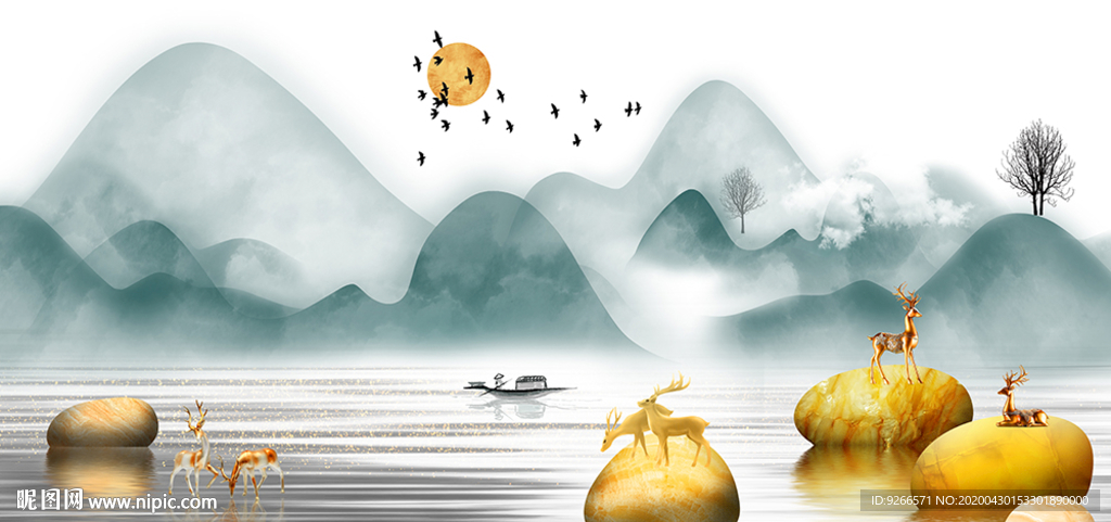 新中式麋鹿石来运转晶瓷画装饰画