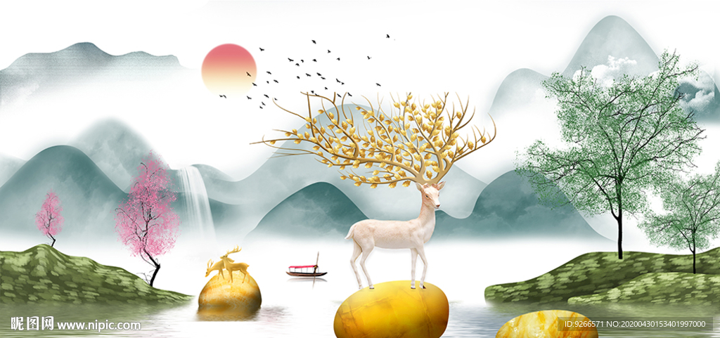 新中式麋鹿石来运转晶瓷画装饰画