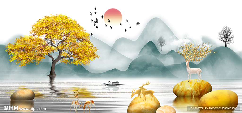 新中式麋鹿石来运转晶瓷画装饰画