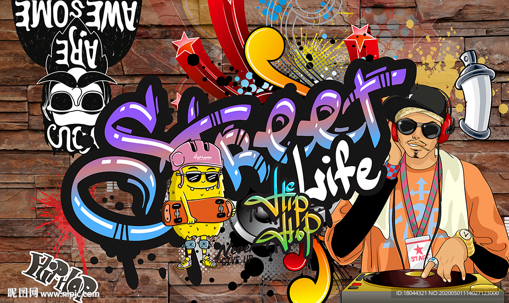 个性砖墙英文涂鸦酒吧工装背景墙