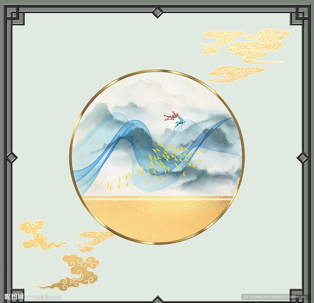 新中式水墨山水吊顶壁画