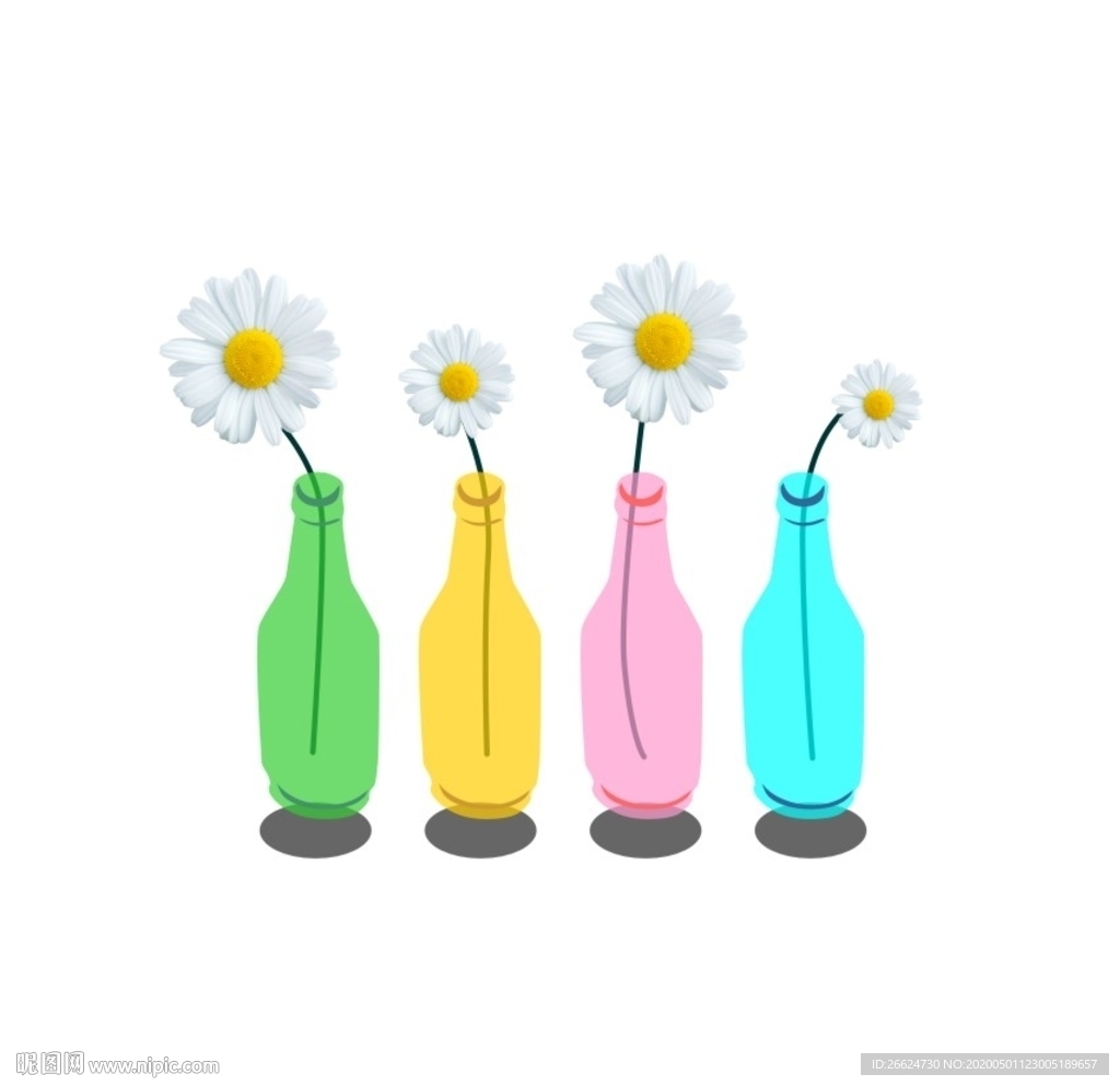 小雏菊元素彩色瓶子矢量图小菊花