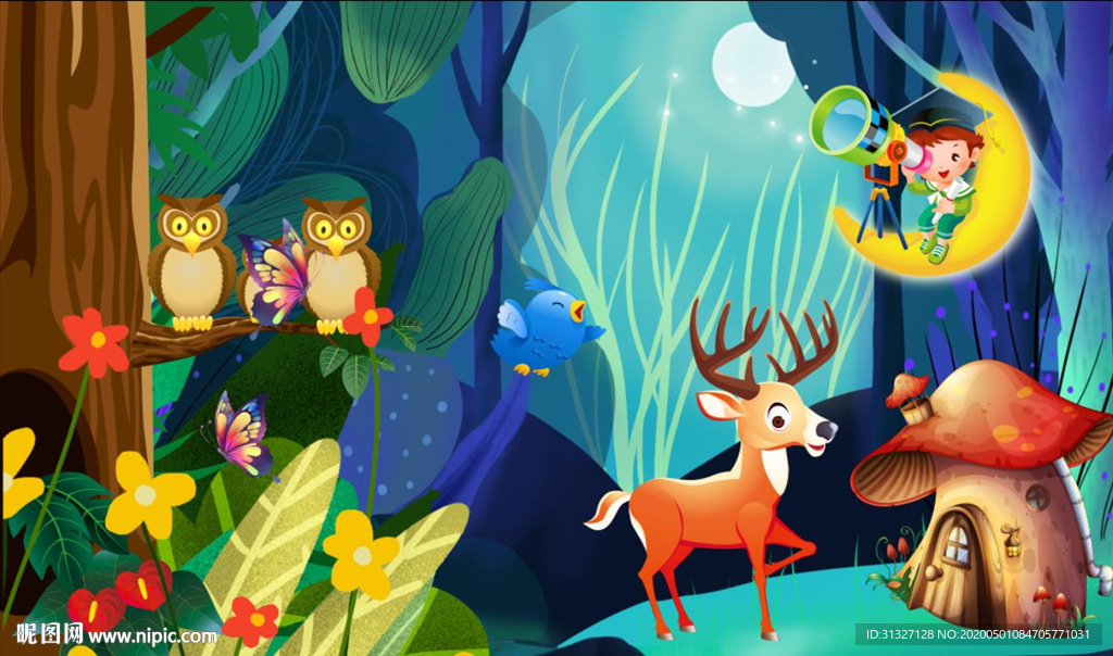 儿童卡通童话夜空背景墙