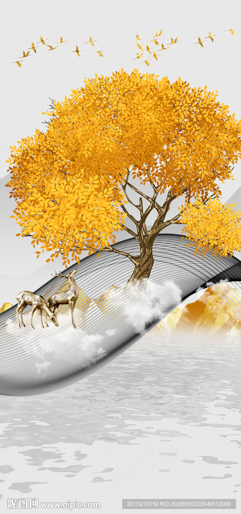 水墨山水发财树玄关背景墙