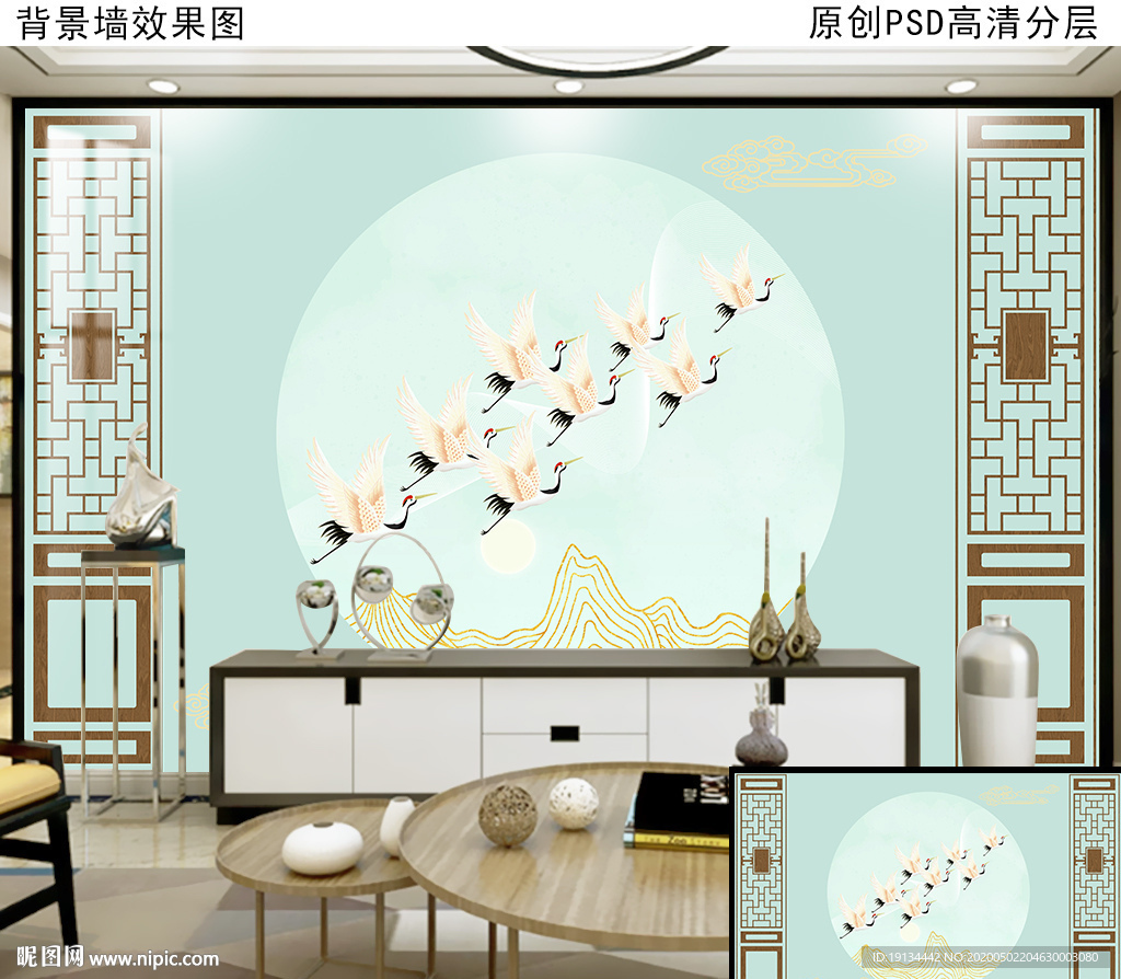 月光仙鹤新中式电视背景墙壁画