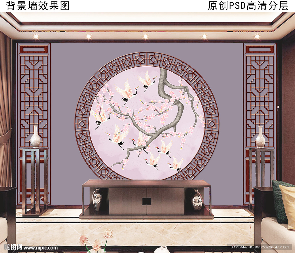 月光仙鹤新中式电视背景墙壁画