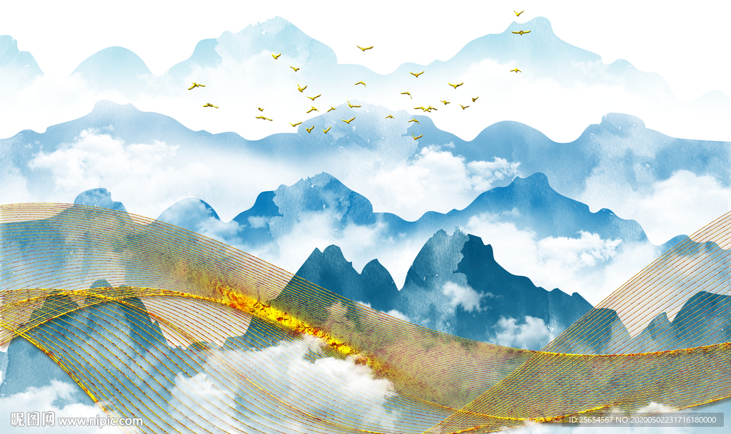 蓝色意境水墨山水电视沙发背景墙