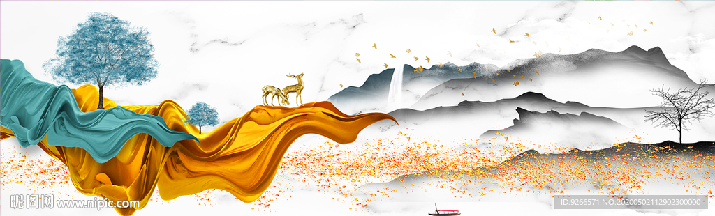 新中式麋鹿抽象晶瓷画装饰画