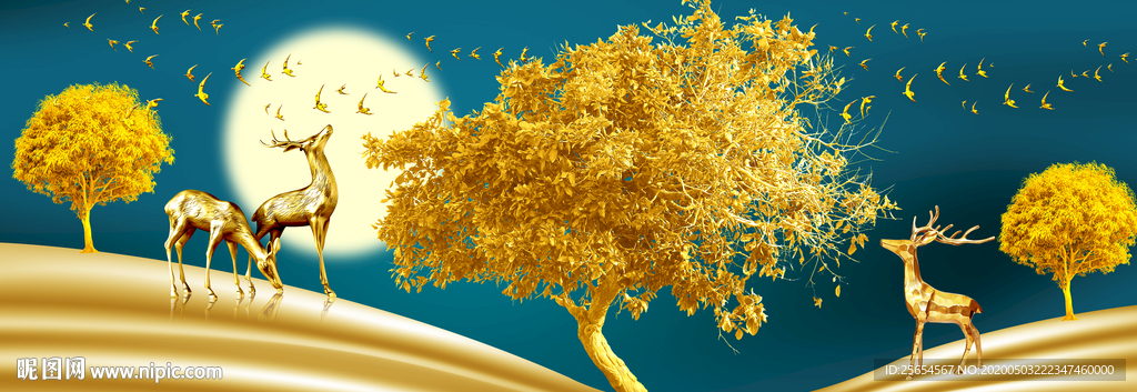 山水年轮发财树麋鹿唯美装饰画