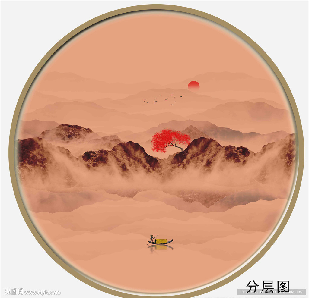 圆形装饰画 圆形复古古典山水
