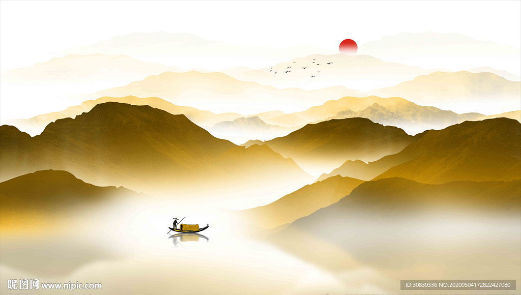 新中式水墨山水金色线条背景墙