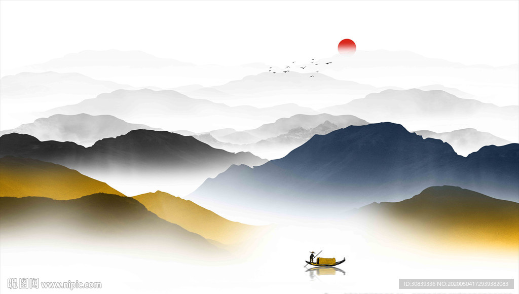 水墨山背景墙 金色山水 金山