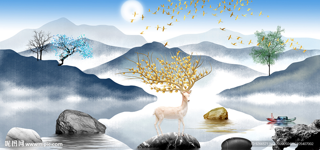 新中式麋鹿山水抽象晶瓷画装饰画