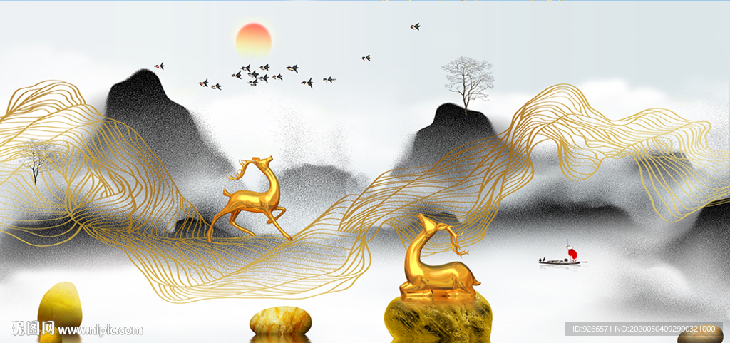 新中式麋鹿山水抽象晶瓷画装饰画