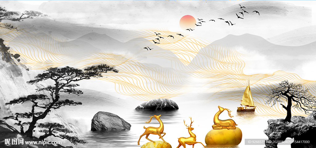 新中式麋鹿山水抽象晶瓷画装饰画