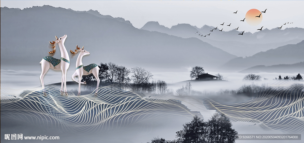 新中式麋鹿山水抽象晶瓷画装饰画