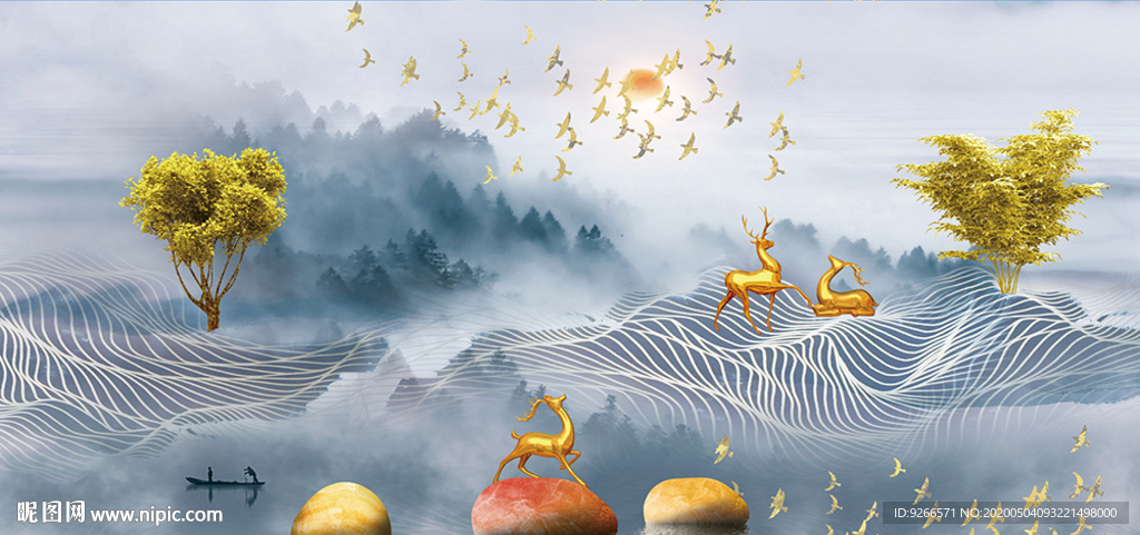 新中式麋鹿山水抽象晶瓷画装饰画