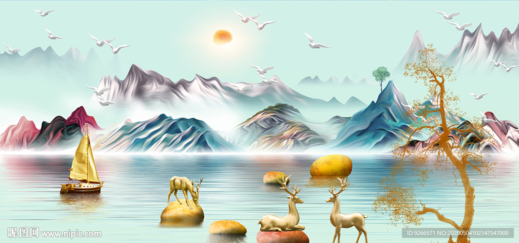 新中式麋鹿山水抽象晶瓷画装饰画