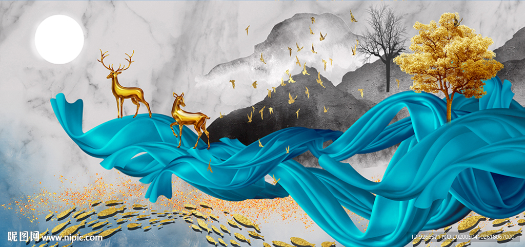 新中式麋鹿山水抽象晶瓷画装饰画